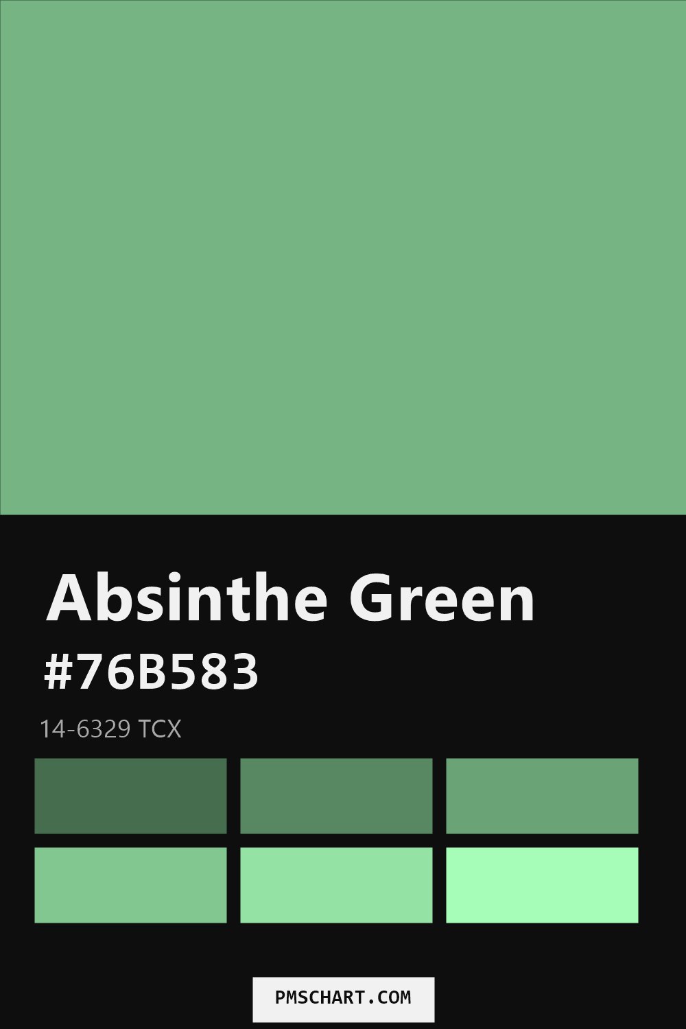 Pantone Absinthe Green 14-6329 TCX color reference card (HEX #76B583) with six nearest Pantone matches
