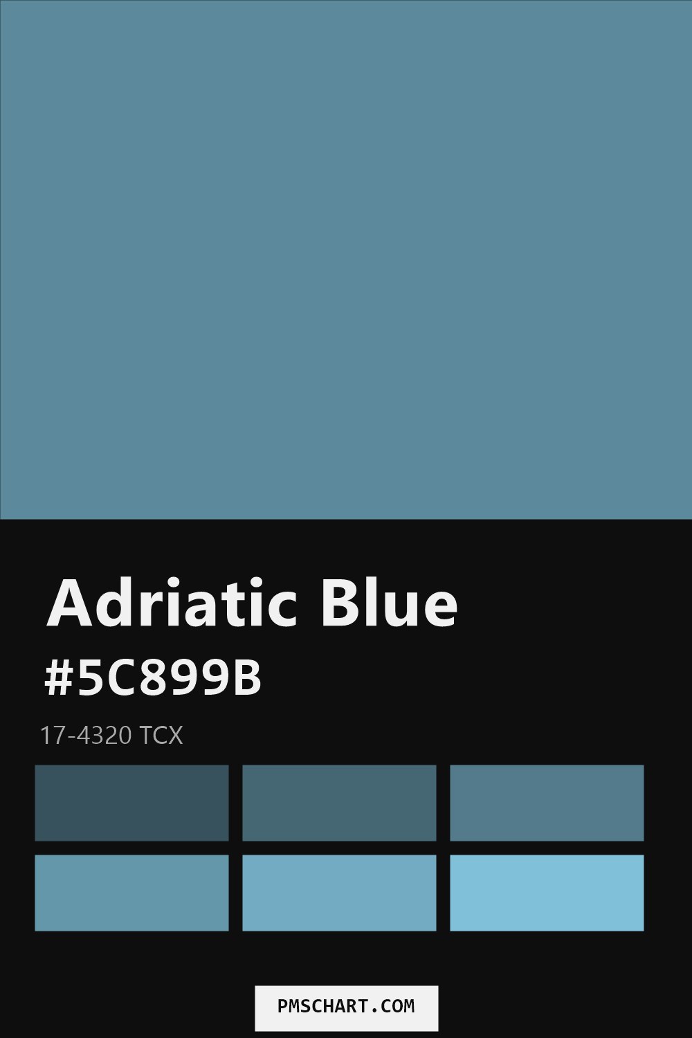 Pantone Adriatic Blue 17-4320 TCX color reference card (HEX #5C899B) with six nearest Pantone matches