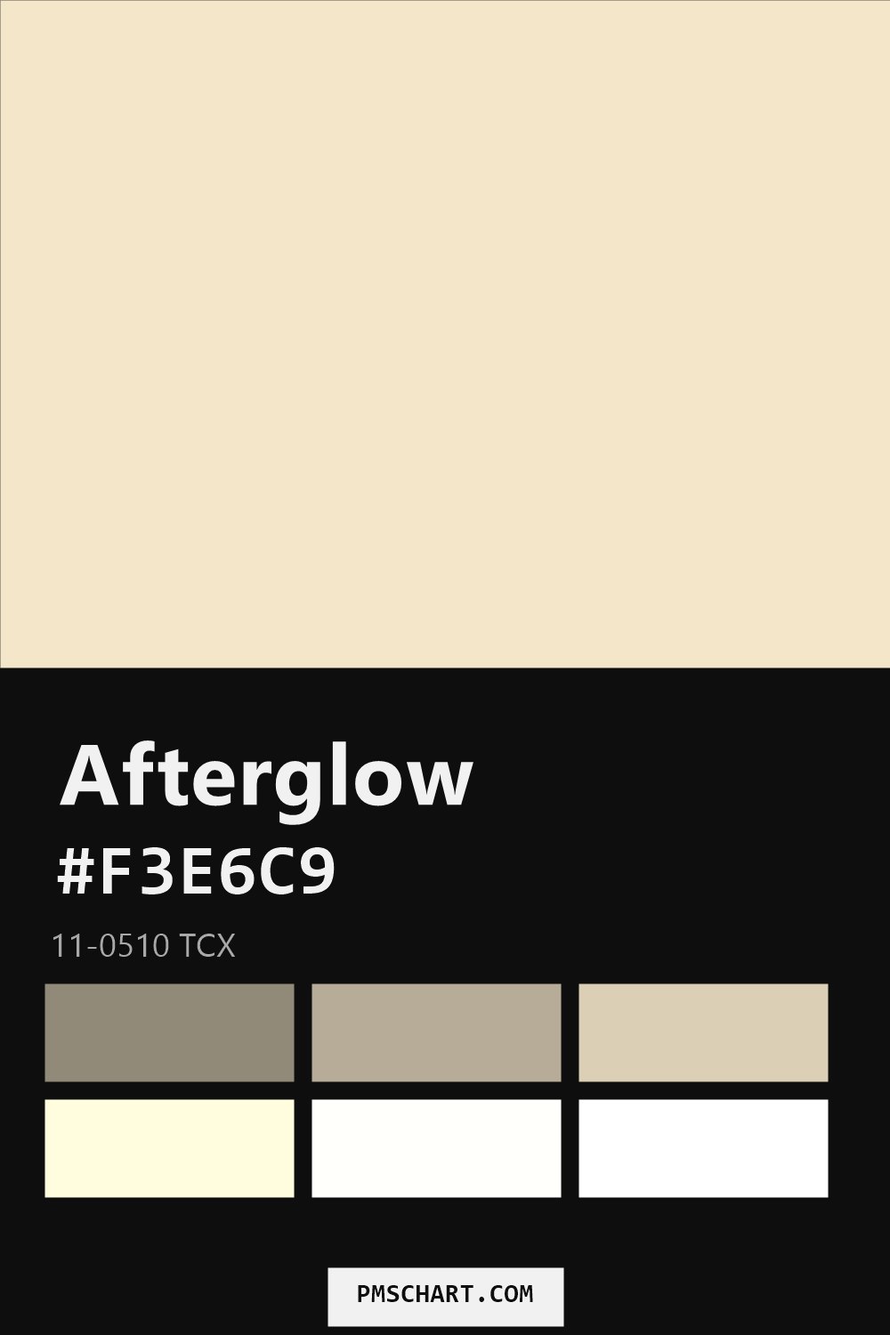 Pantone Afterglow 11-0510 TCX color reference card (HEX #F3E6C9) with six nearest Pantone matches