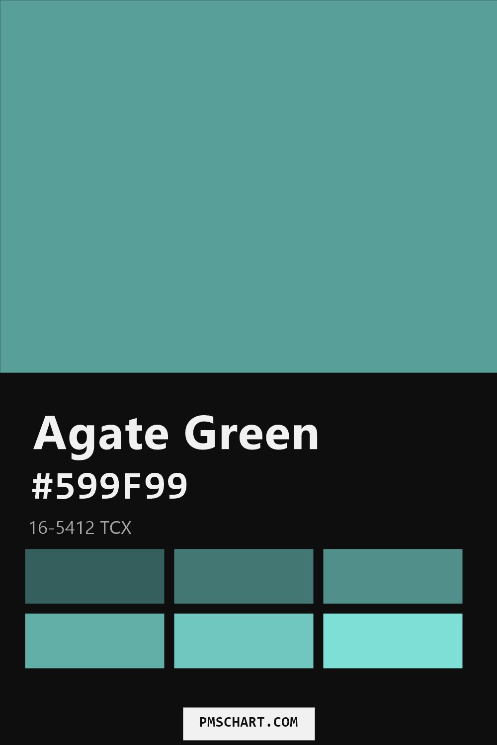 Pantone Agate Green 16-5412 TCX color reference card (HEX #599F99) with six nearest Pantone matches