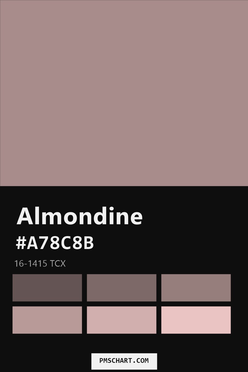 Pantone Almondine 16-1415 TCX color reference card (HEX #A78C8B) with six nearest Pantone matches
