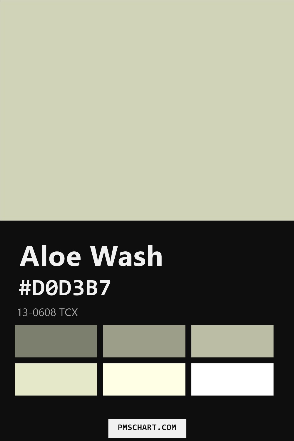 Pantone Aloe Wash 13-0608 TCX color reference card (HEX #D0D3B7) with six nearest Pantone matches