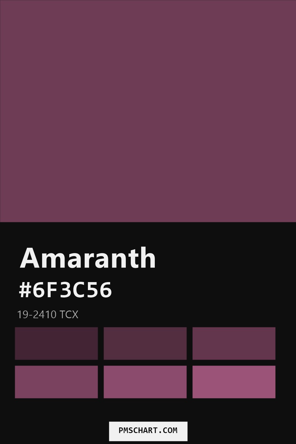 Pantone Amaranth 19-2410 TCX color reference card (HEX #6F3C56) with six nearest Pantone matches
