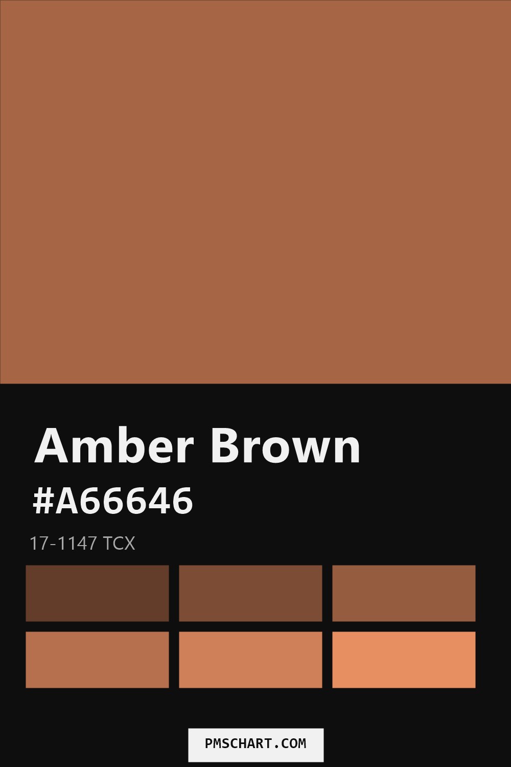 Pantone Amber Brown 17-1147 TCX color reference card (HEX #A66646) with six nearest Pantone matches