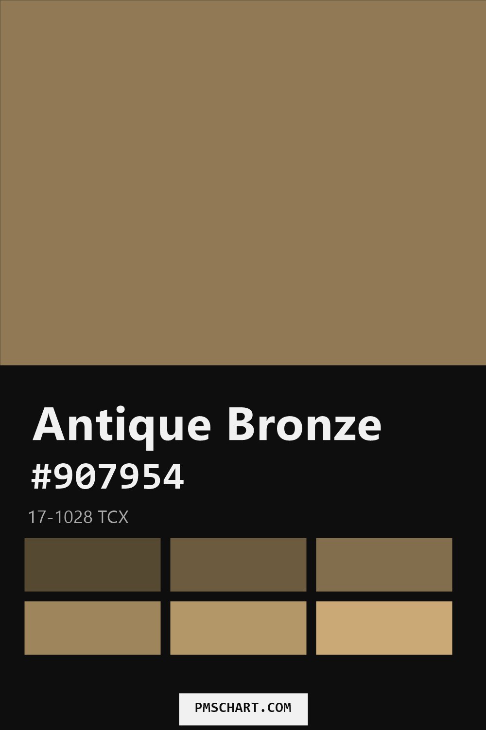 Pantone Antique Bronze 17-1028 TCX color reference card (HEX #907954) with six nearest Pantone matches