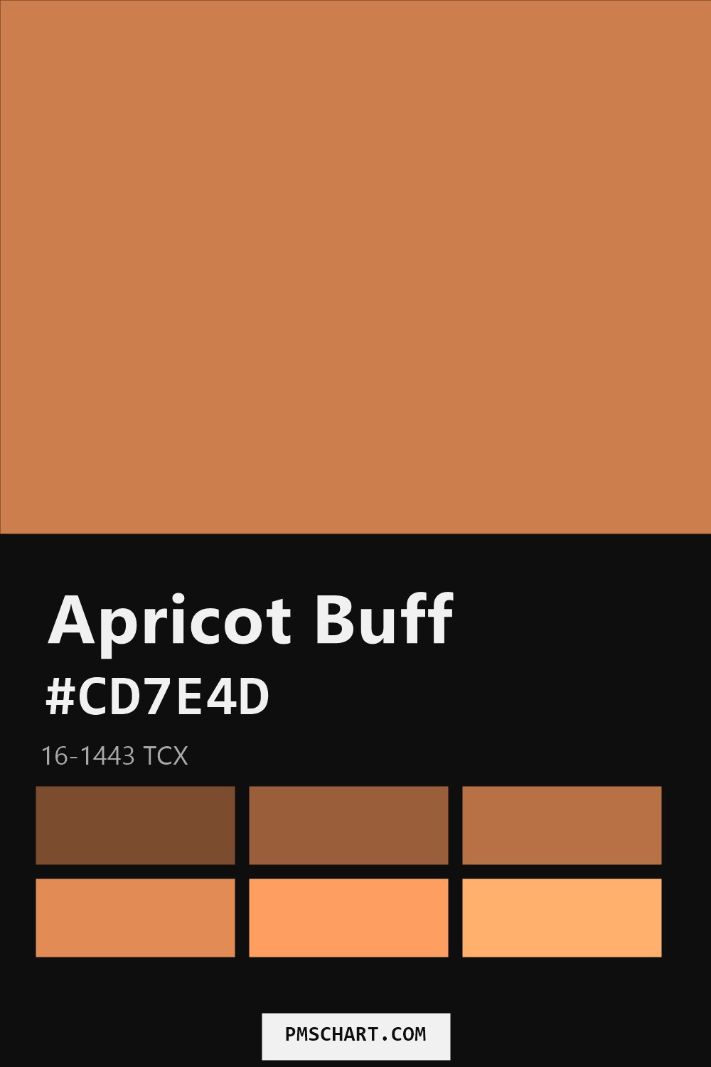 Pantone Apricot Buff 16-1443 TCX color reference card (HEX #CD7E4D) with six nearest Pantone matches