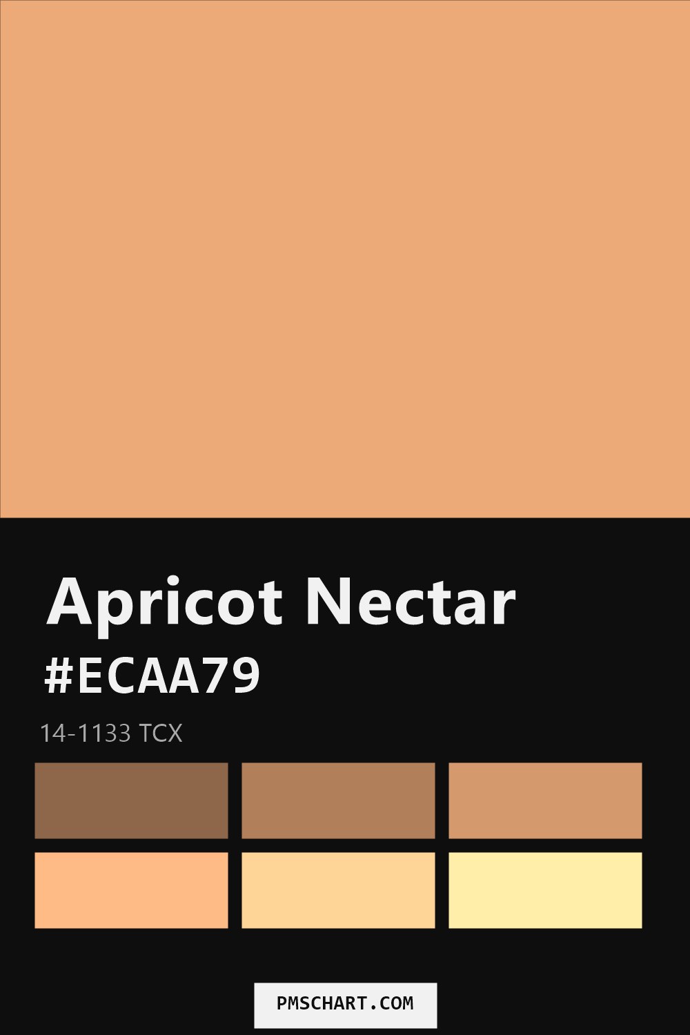 Pantone Apricot Nectar 14-1133 TCX color reference card (HEX #ECAA79) with six nearest Pantone matches