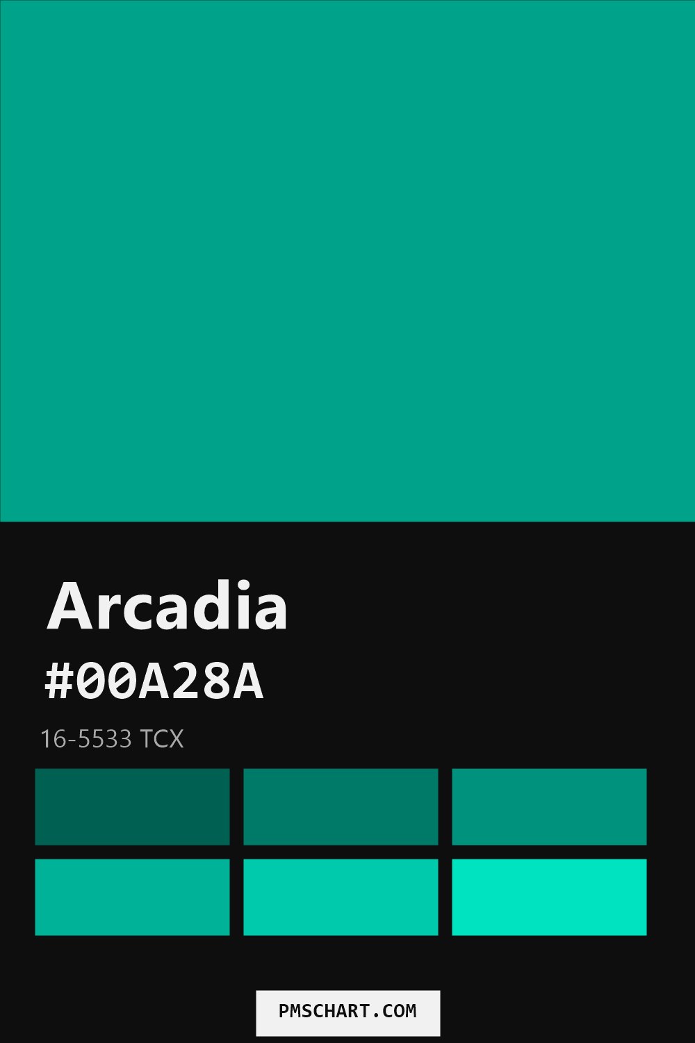 Pantone Arcadia 16-5533 TCX color reference card (HEX #00A28A) with six nearest Pantone matches