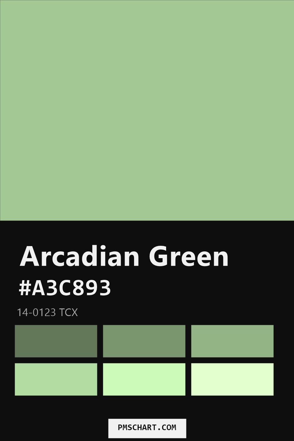 Pantone Arcadian Green 14-0123 TCX color reference card (HEX #A3C893) with six nearest Pantone matches