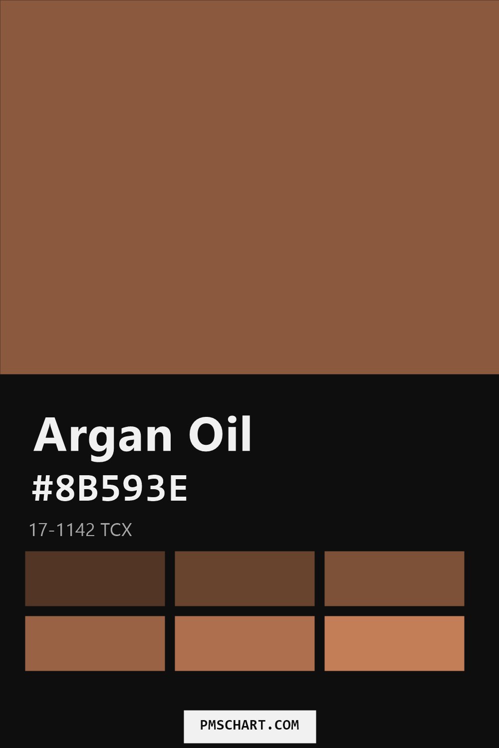 Pantone Argan Oil 17-1142 TCX color reference card (HEX #8B593E) with six nearest Pantone matches