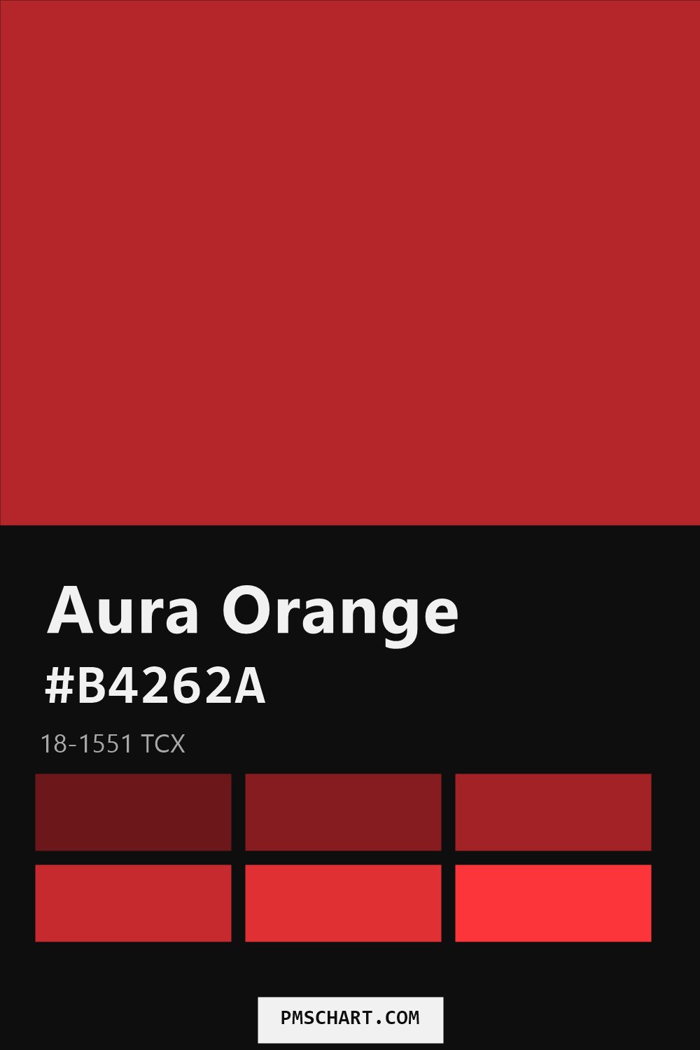 Pantone Aura Orange 18-1551 TCX color reference card (HEX #B4262A) with six nearest Pantone matches