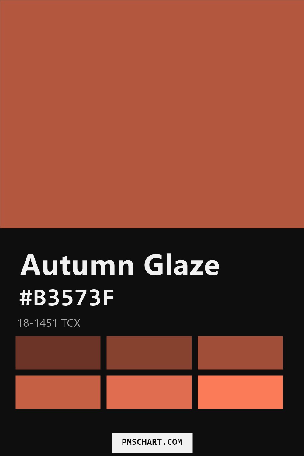 Pantone Autumn Glaze 18-1451 TCX color reference card (HEX #B3573F) with six nearest Pantone matches