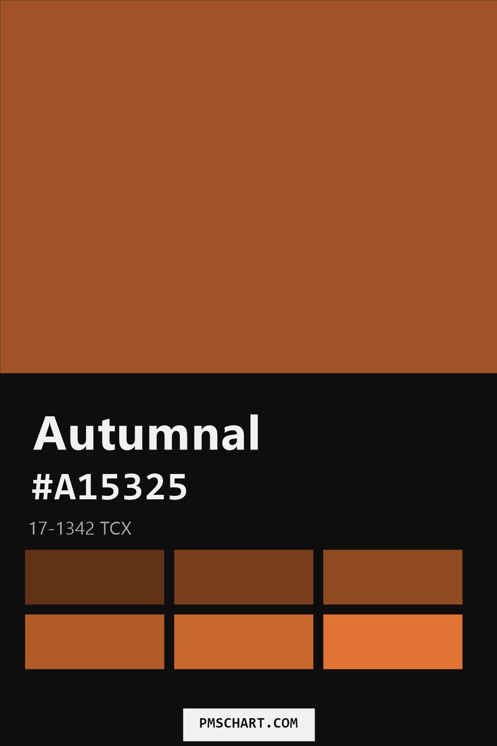Pantone Autumnal 17-1342 TCX color reference card (HEX #A15325) with six nearest Pantone matches