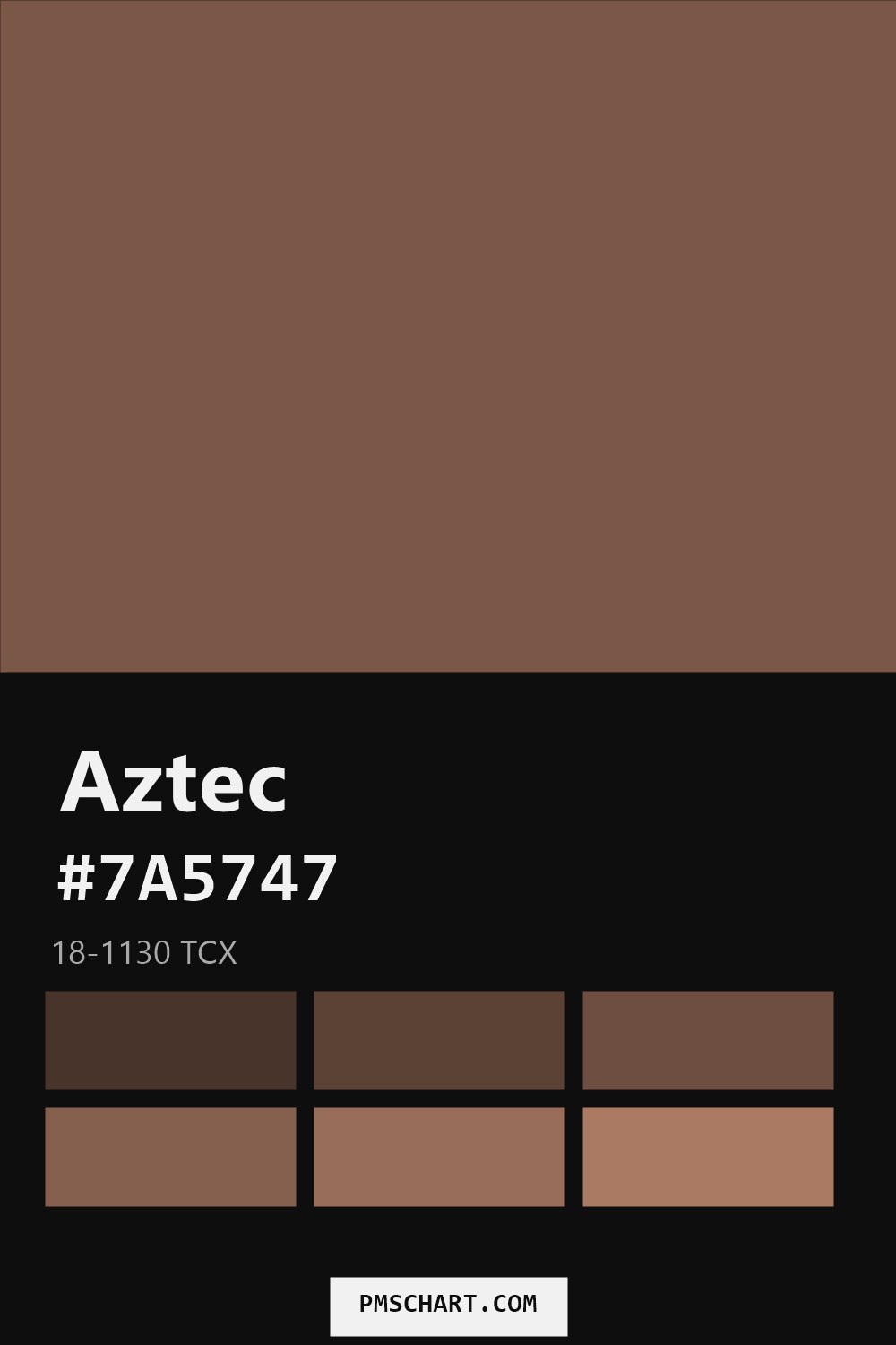 Pantone Aztec 18-1130 TCX color reference card (HEX #7A5747) with six nearest Pantone matches