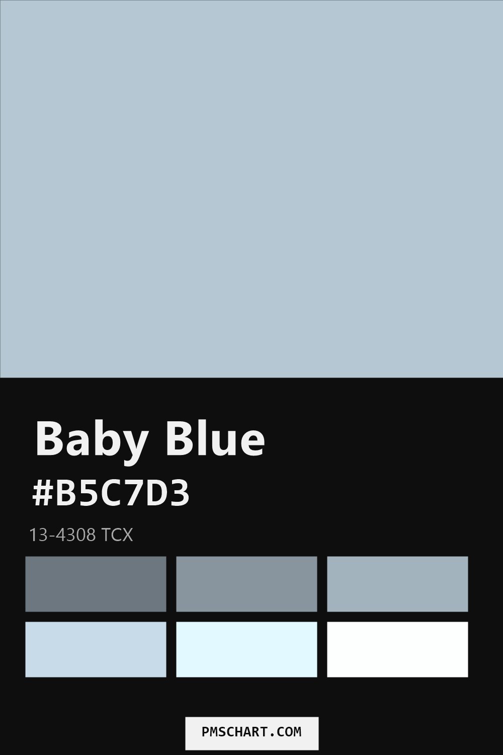 Pantone Baby Blue 13-4308 TCX color reference card (HEX #B5C7D3) with six nearest Pantone matches