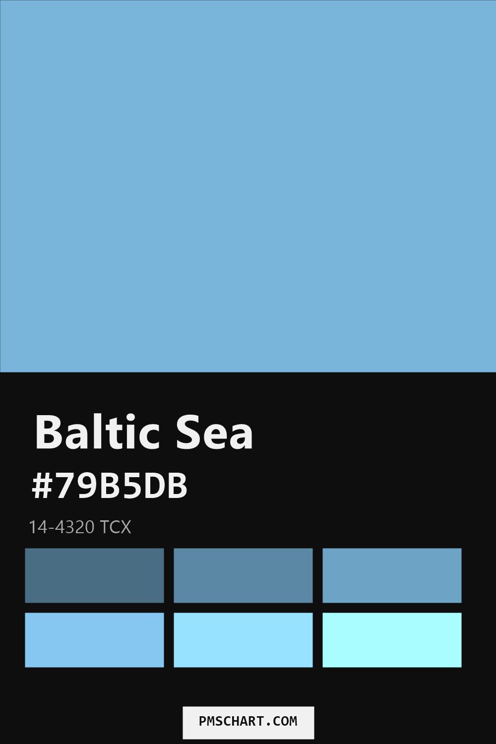 Pantone Baltic Sea 14-4320 TCX color reference card (HEX #79B5DB) with six nearest Pantone matches