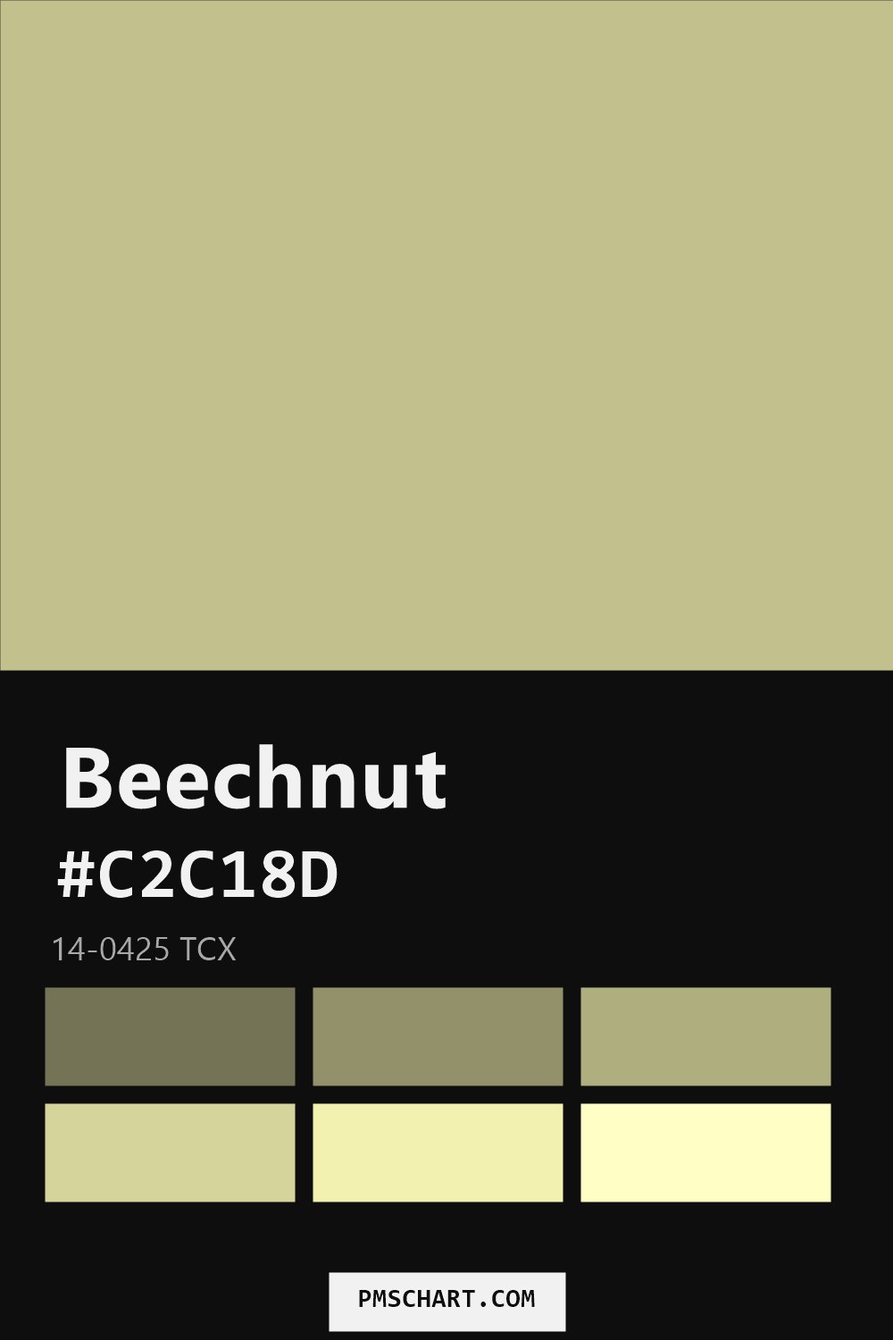 Pantone Beechnut 14-0425 TCX color reference card (HEX #C2C18D) with six nearest Pantone matches