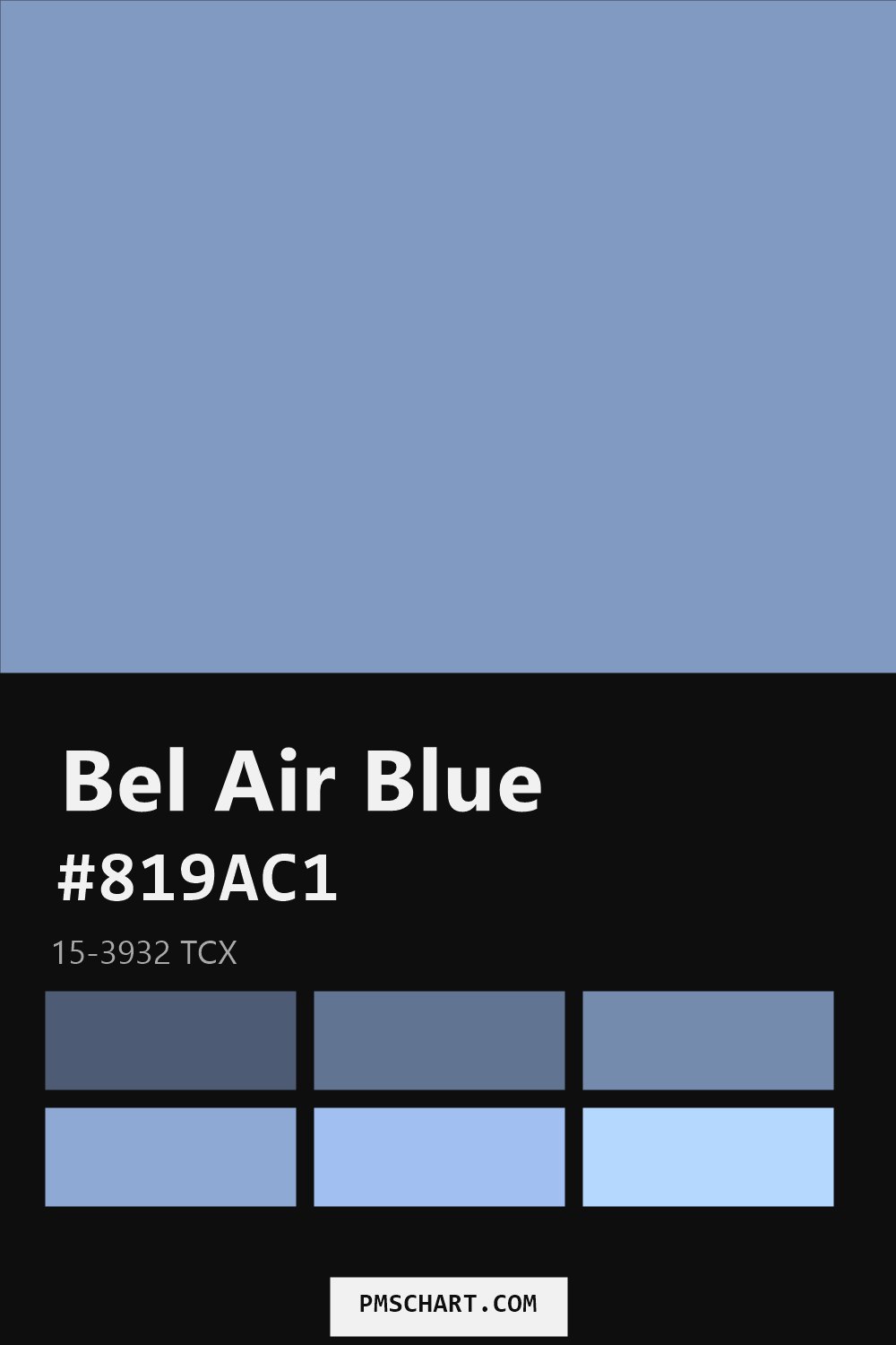 Pantone Bel Air Blue 15-3932 TCX color reference card (HEX #819AC1) with six nearest Pantone matches