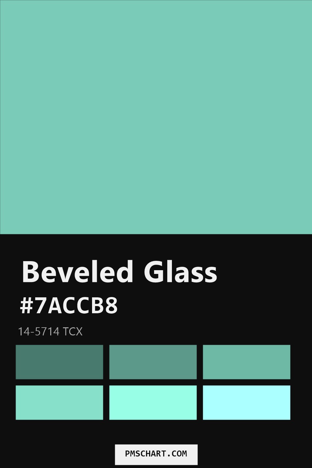 Pantone Beveled Glass 14-5714 TCX color reference card (HEX #7ACCB8) with six nearest Pantone matches