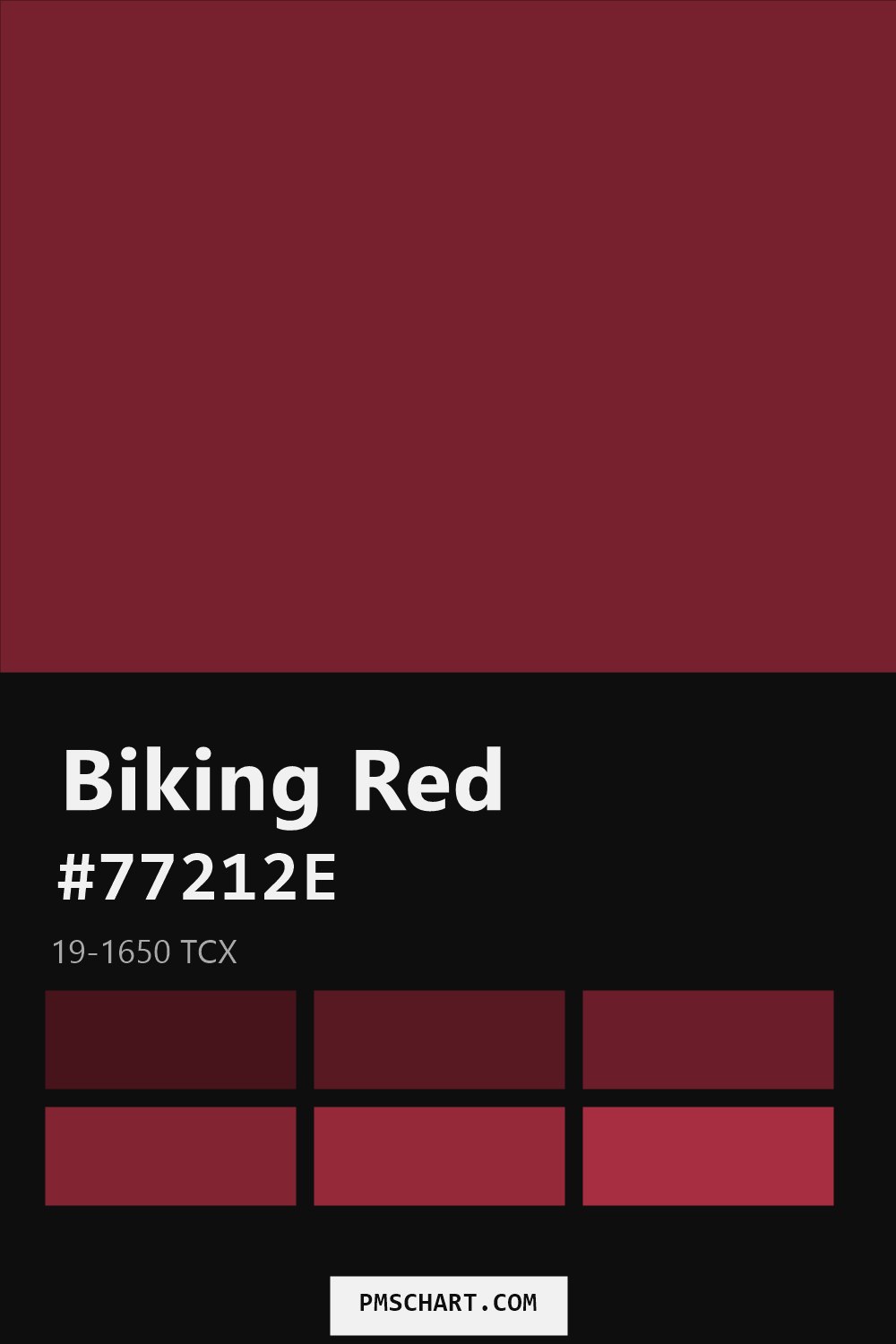 Pantone Biking Red 19-1650 TCX color reference card (HEX #77212E) with six nearest Pantone matches
