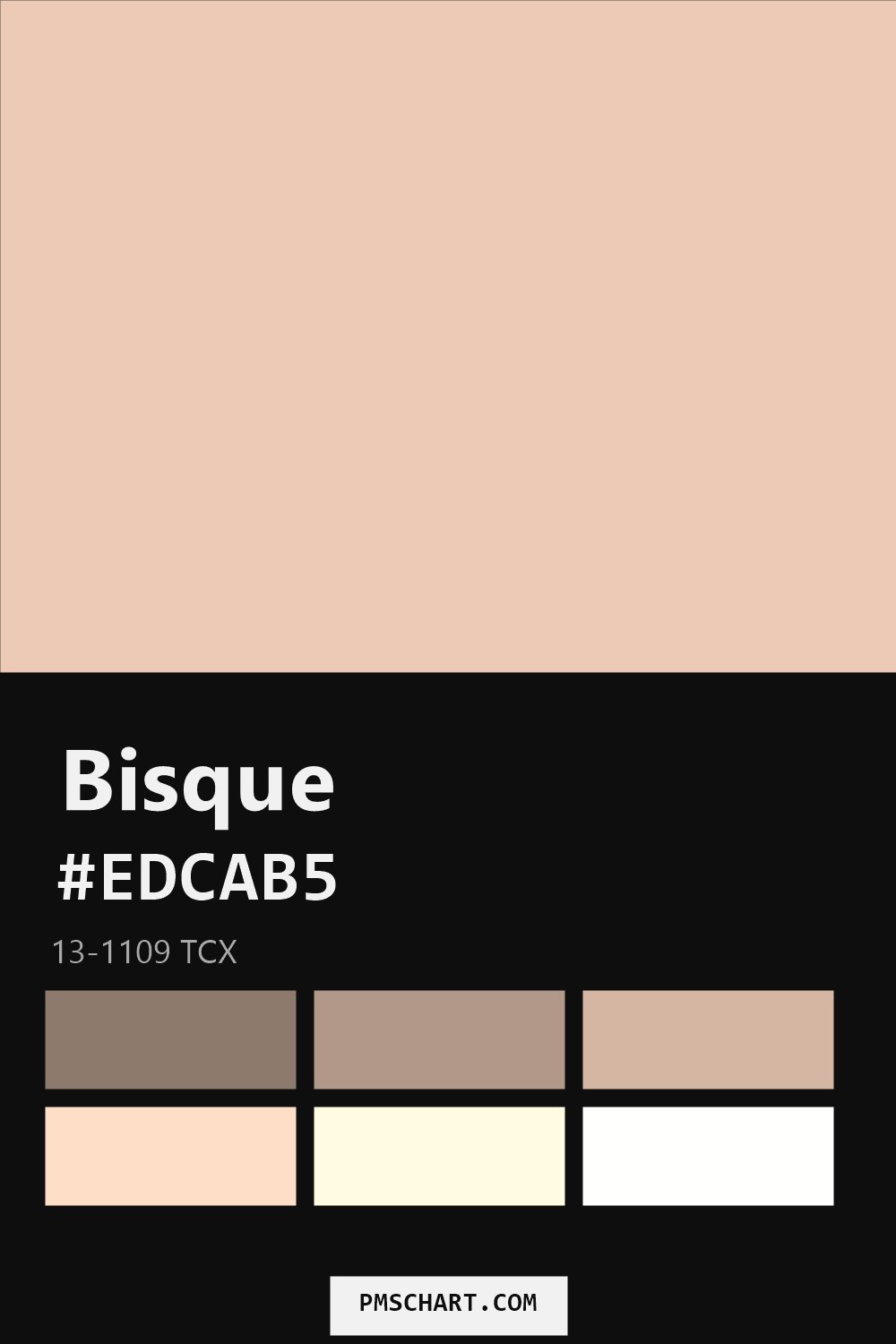 Pantone Bisque 13-1109 TCX color reference card (HEX #EDCAB5) with six nearest Pantone matches
