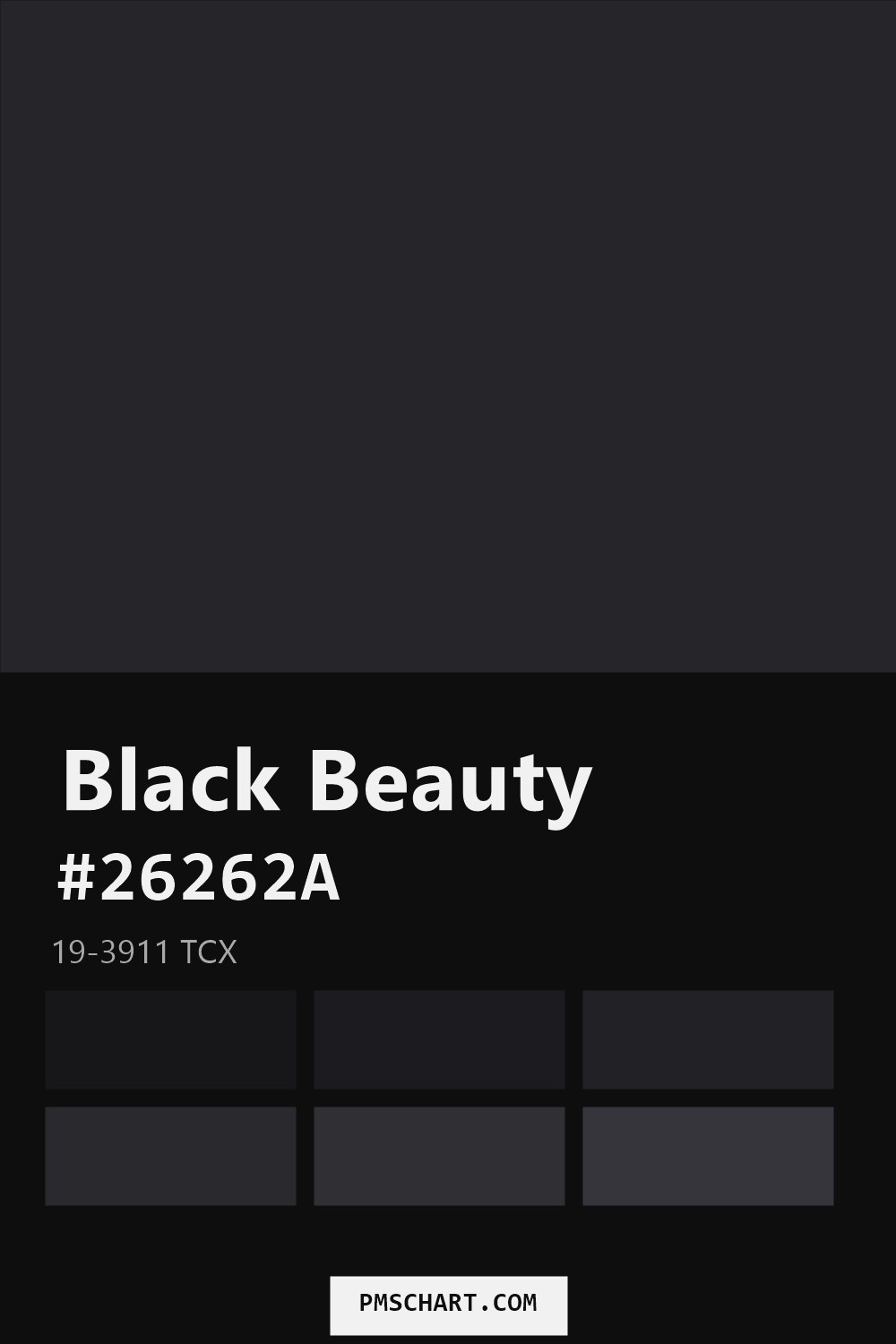 Pantone Black Beauty 19-3911 TCX color reference card (HEX #26262A) with six nearest Pantone matches