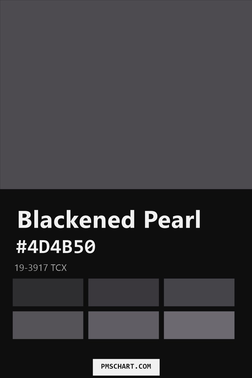 Pantone Blackened Pearl 19-3917 TCX color reference card (HEX #4D4B50) with six nearest Pantone matches