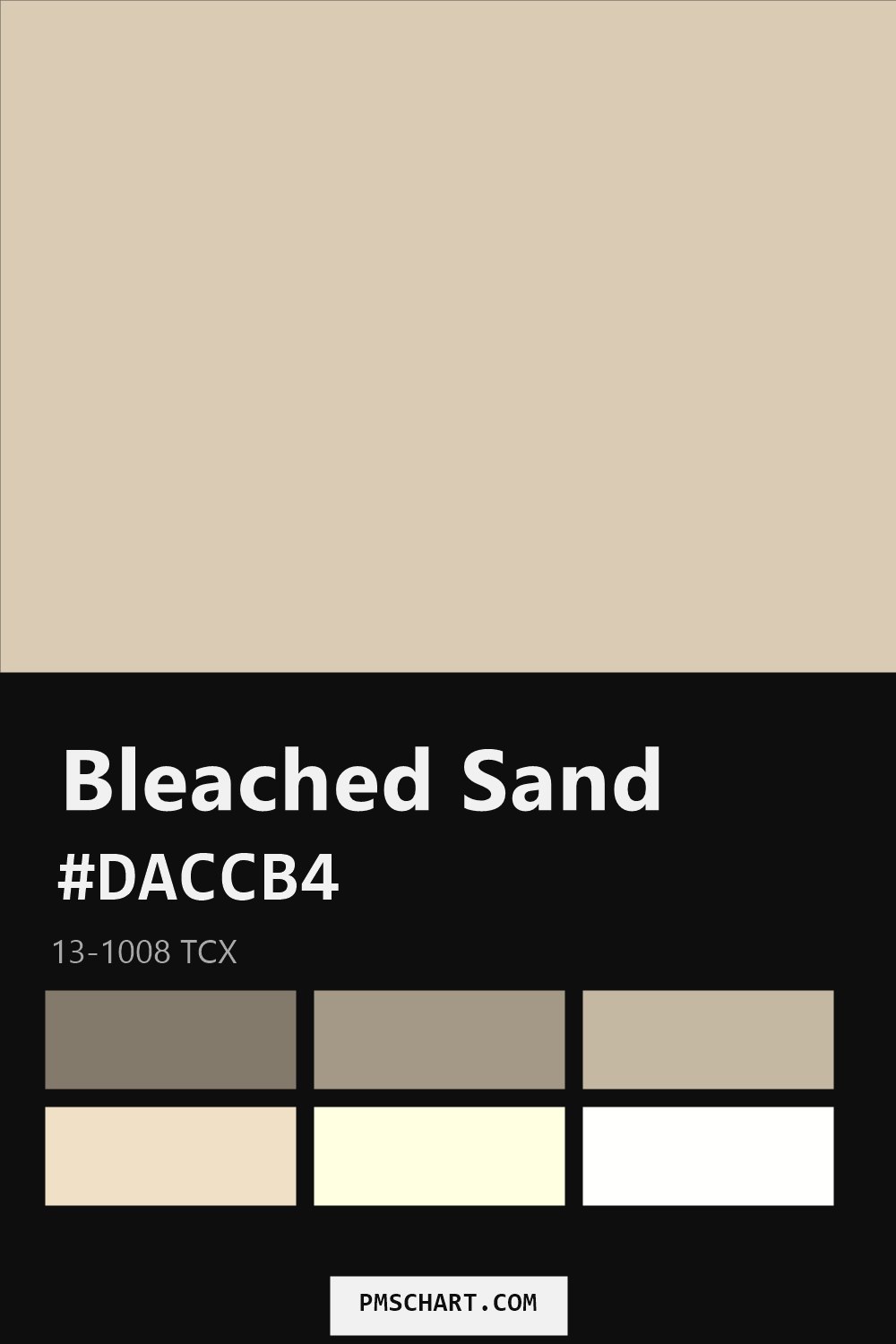 Pantone Bleached Sand 13-1008 TCX color reference card (HEX #DACCB4) with six nearest Pantone matches