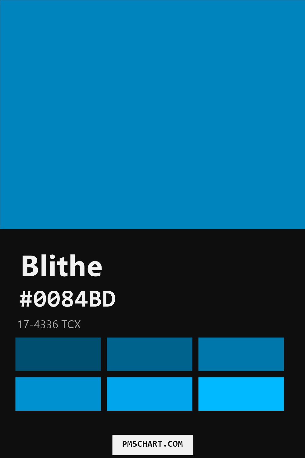 Pantone Blithe 17-4336 TCX color reference card (HEX #0084BD) with six nearest Pantone matches