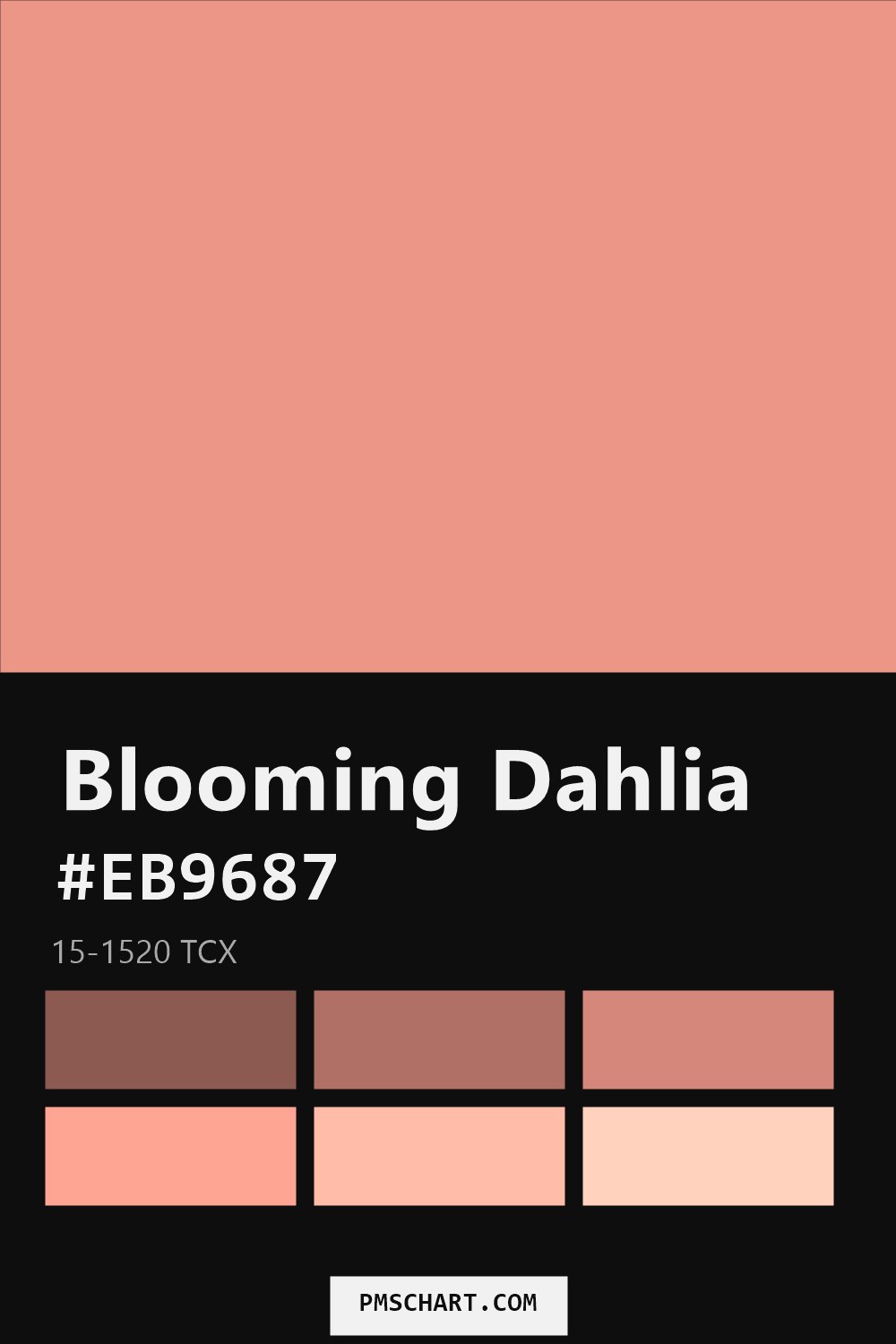 Pantone Blooming Dahlia 15-1520 TCX color reference card (HEX #EB9687) with six nearest Pantone matches