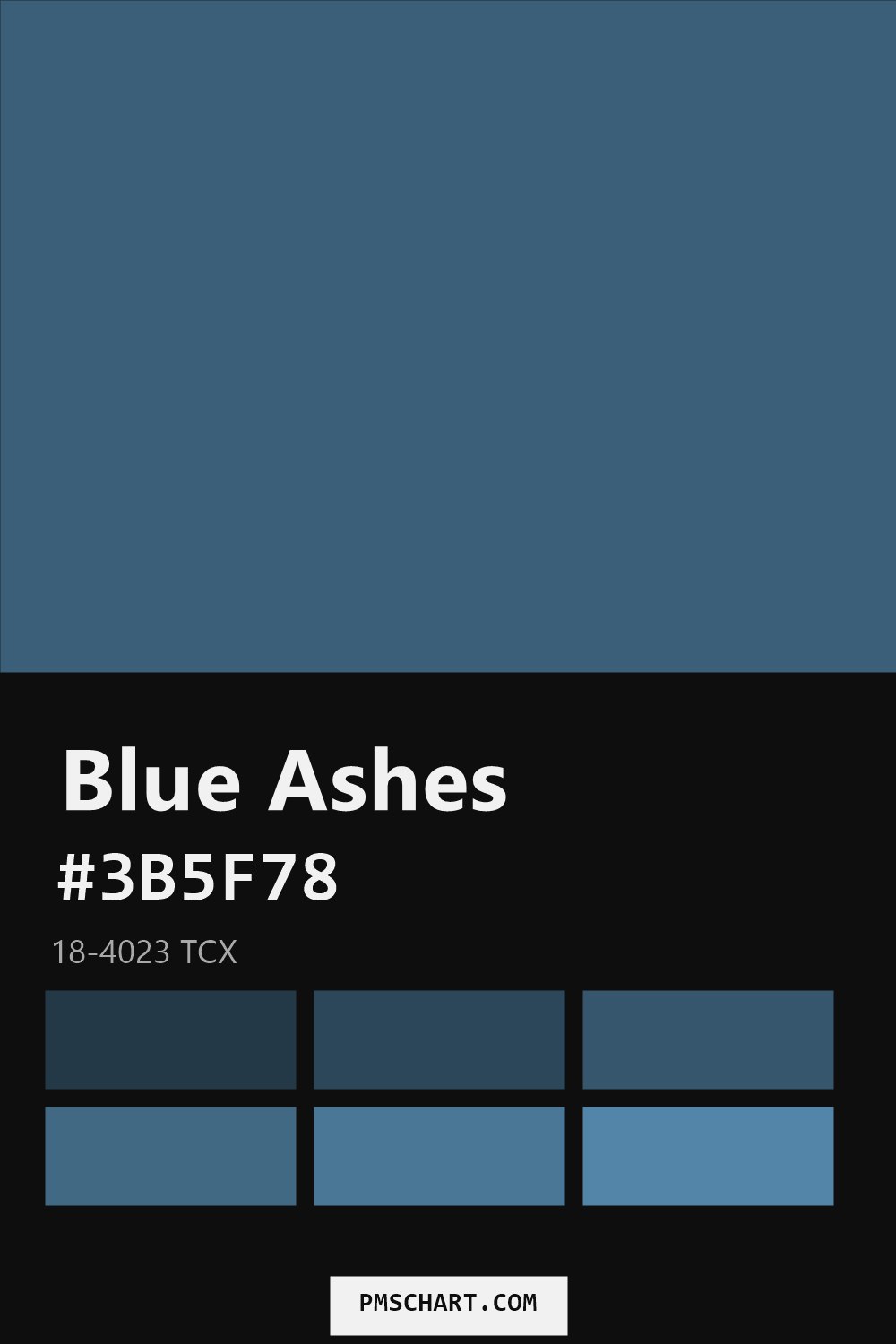 Pantone Blue Ashes 18-4023 TCX color reference card (HEX #3B5F78) with six nearest Pantone matches