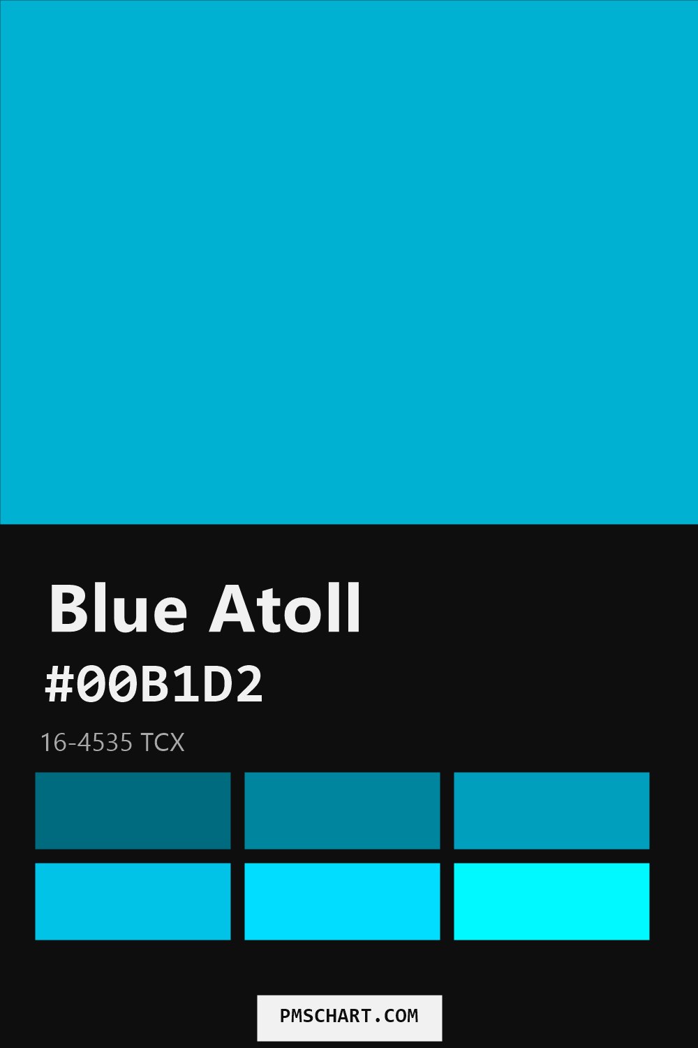 Pantone Blue Atoll 16-4535 TCX color reference card (HEX #00B1D2) with six nearest Pantone matches