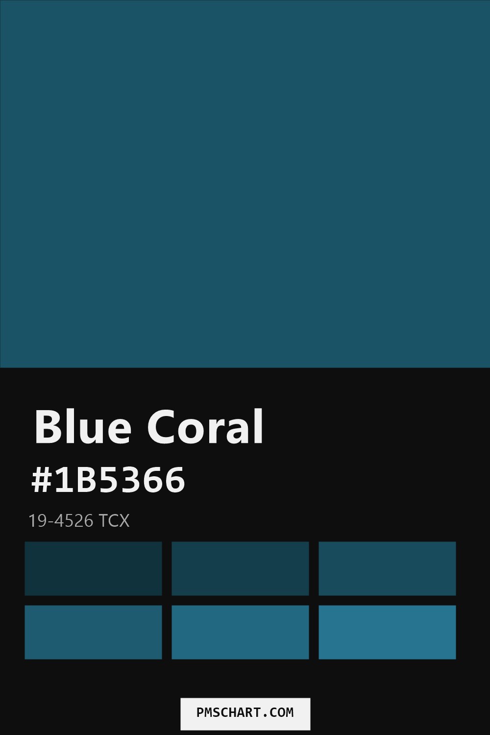 Pantone Blue Coral 19-4526 TCX color reference card (HEX #1B5366) with six nearest Pantone matches