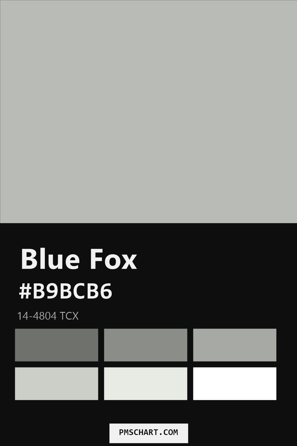 Pantone Blue Fox 14-4804 TCX color reference card (HEX #B9BCB6) with six nearest Pantone matches