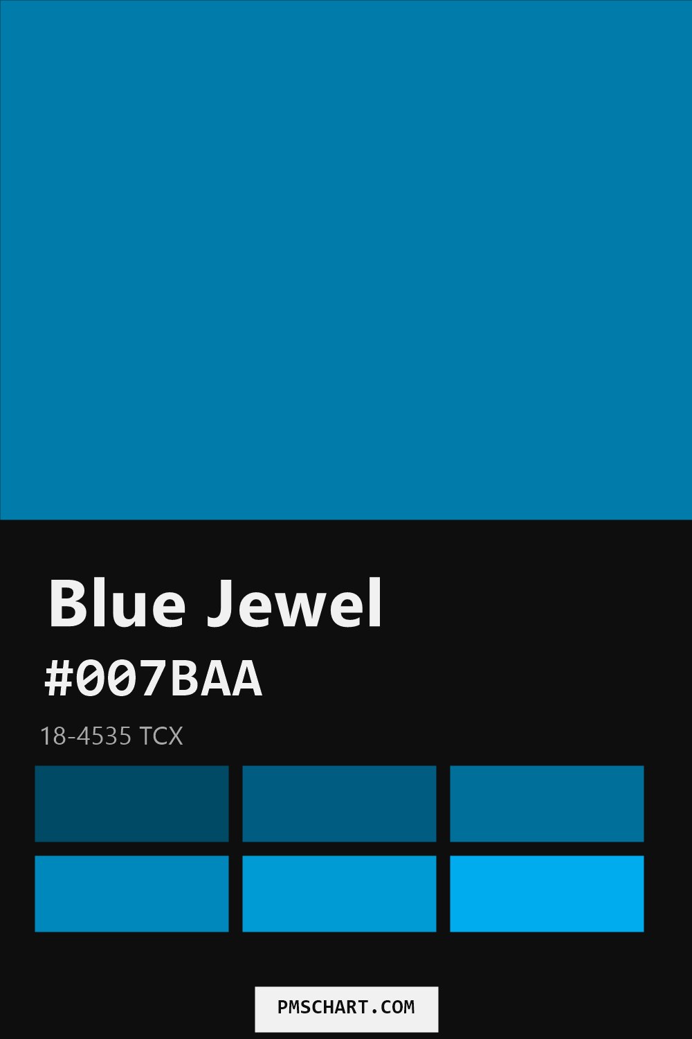 Pantone Blue Jewel 18-4535 TCX color reference card (HEX #007BAA) with six nearest Pantone matches