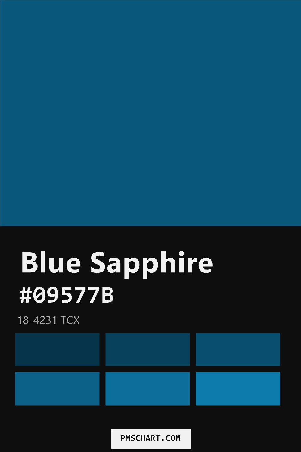 Pantone Blue Sapphire 18-4231 TCX color reference card (HEX #09577B) with six nearest Pantone matches