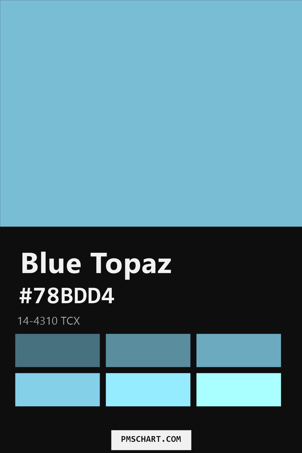 Pantone Blue Topaz 14-4310 TCX color reference card (HEX #78BDD4) with six nearest Pantone matches