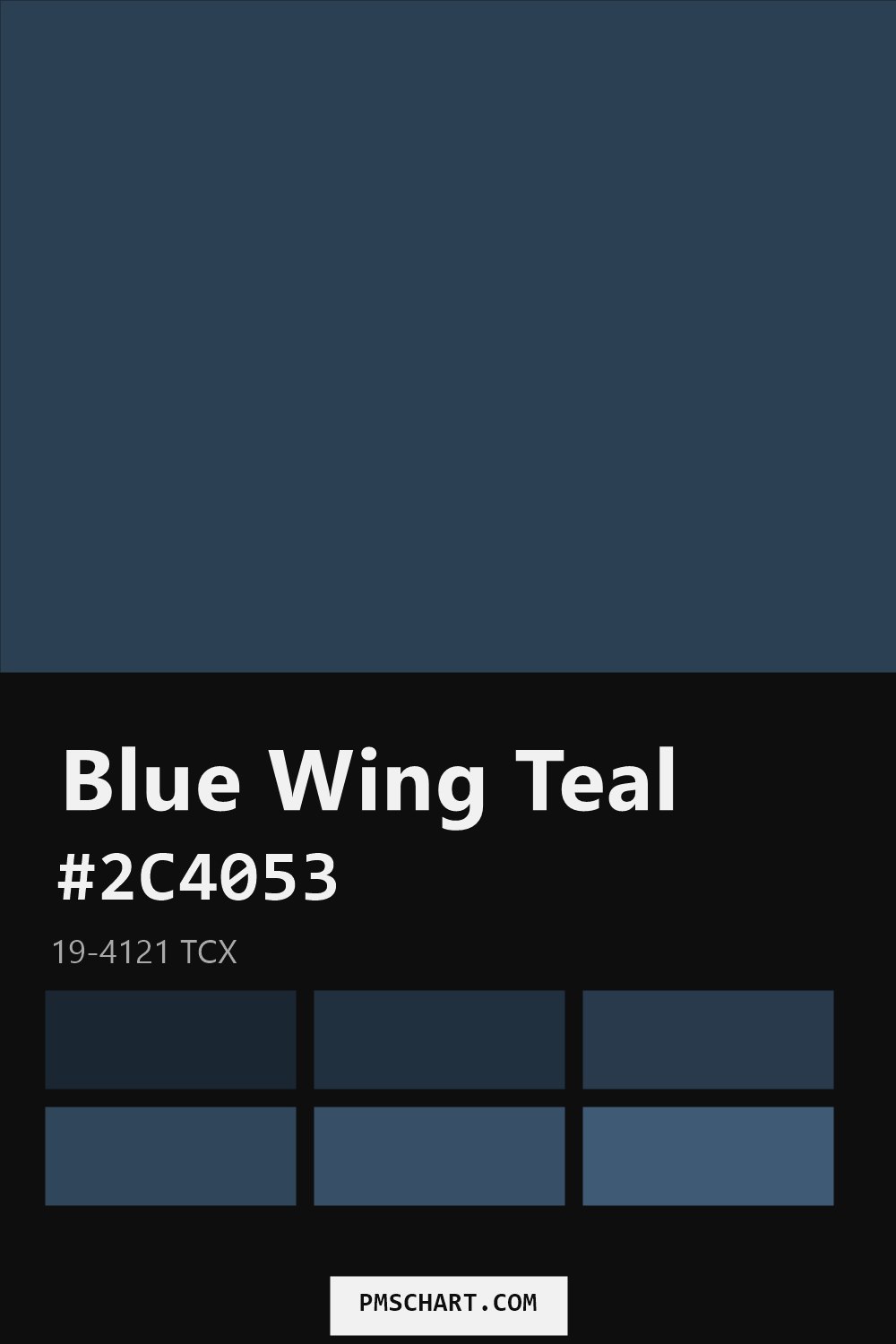 Pantone Blue Wing Teal 19-4121 TCX color reference card (HEX #2C4053) with six nearest Pantone matches