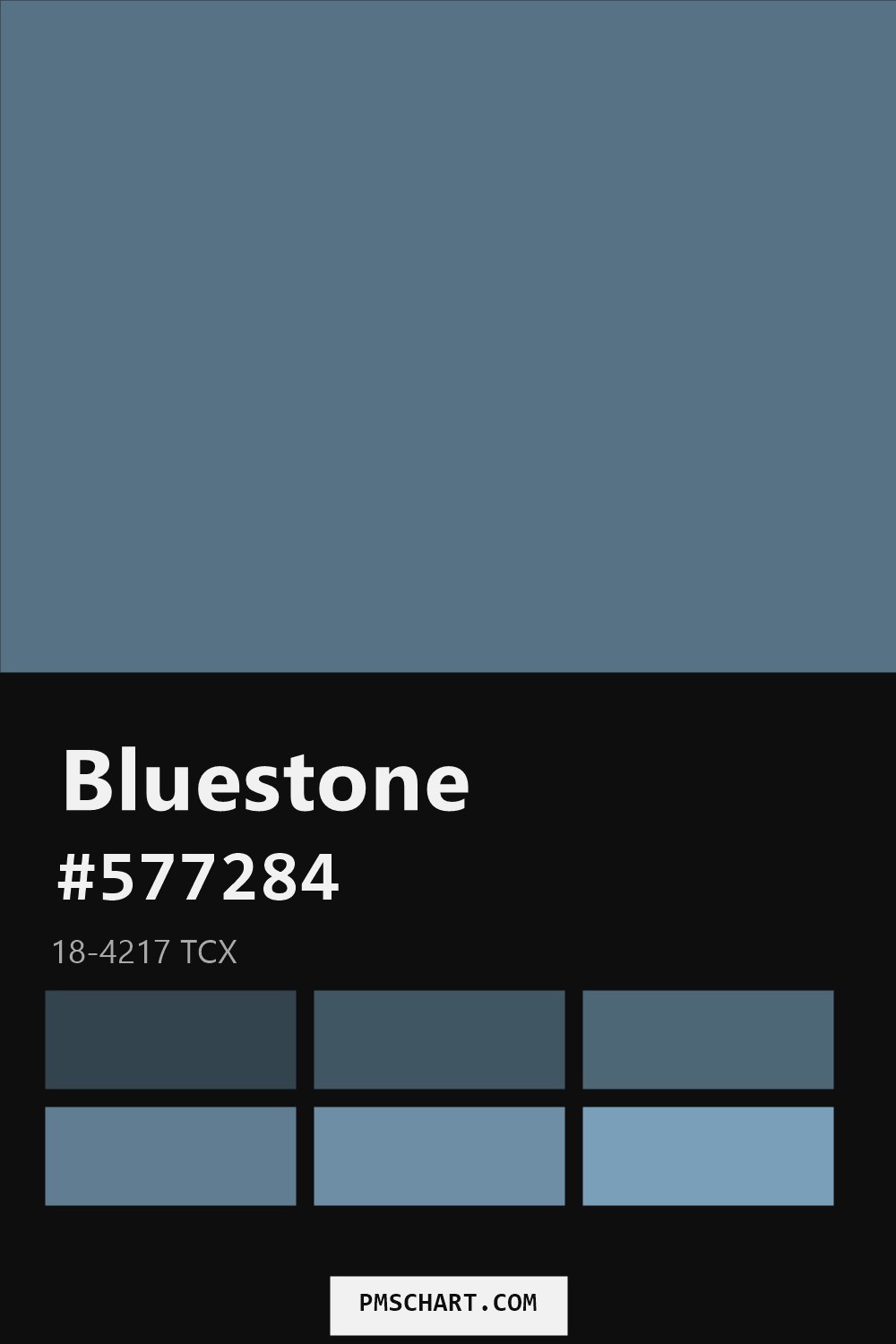 Pantone Bluestone 18-4217 TCX color reference card (HEX #577284) with six nearest Pantone matches