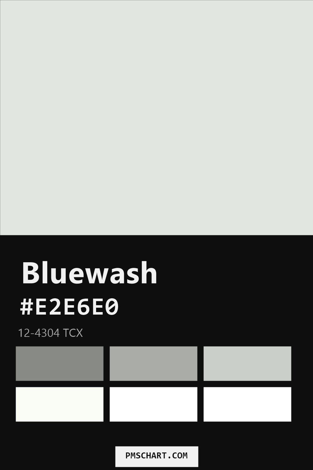 Pantone Bluewash 12-4304 TCX color reference card (HEX #E2E6E0) with six nearest Pantone matches