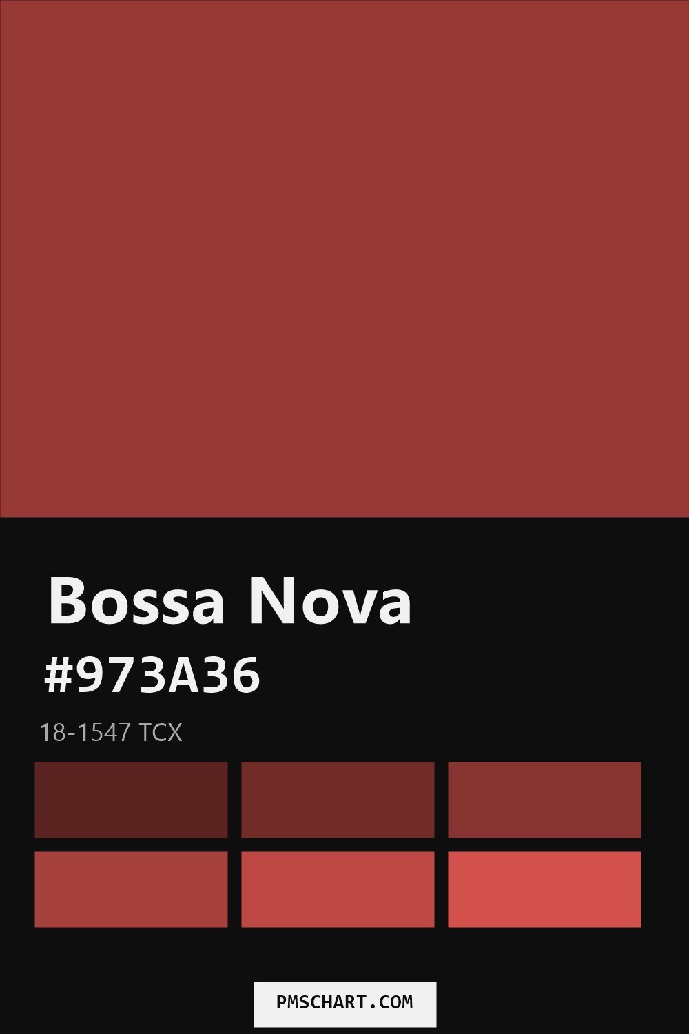 Pantone Bossa Nova 18-1547 TCX color reference card (HEX #973A36) with six nearest Pantone matches