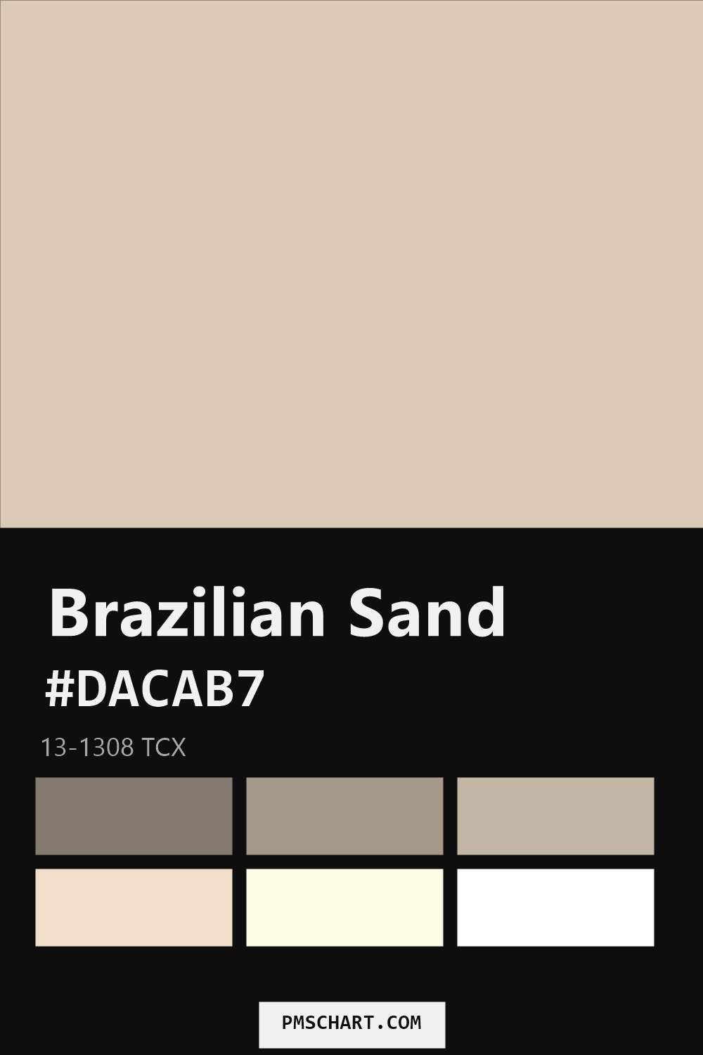 Pantone Brazilian Sand 13-1308 TCX color reference card (HEX #DACAB7) with six nearest Pantone matches