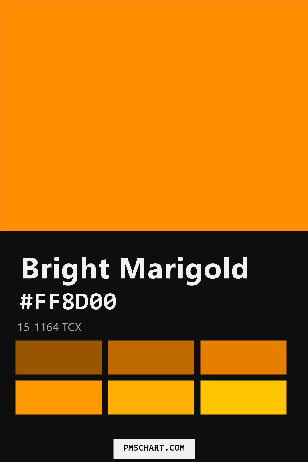Pantone Bright Marigold 15-1164 TCX color reference card (HEX #FF8D00) with six nearest Pantone matches
