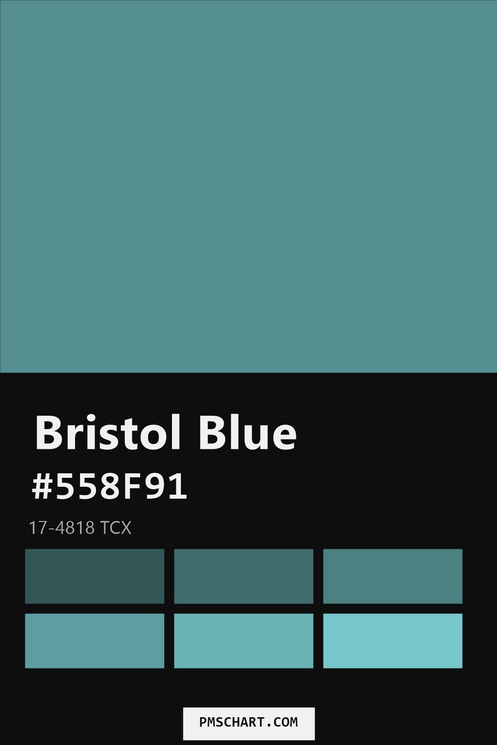 Pantone Bristol Blue 17-4818 TCX color reference card (HEX #558F91) with six nearest Pantone matches