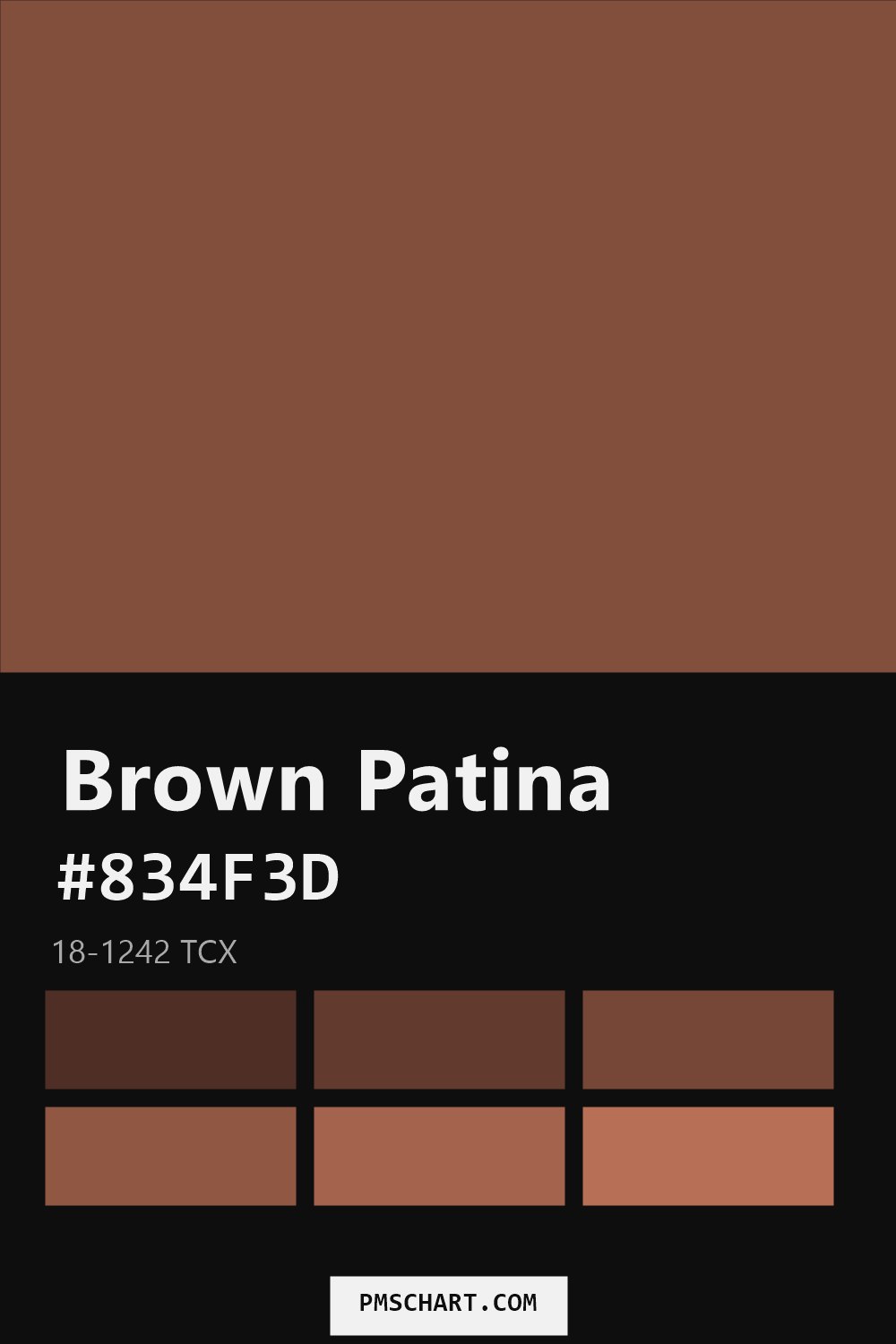 Pantone Brown Patina 18-1242 TCX color reference card (HEX #834F3D) with six nearest Pantone matches