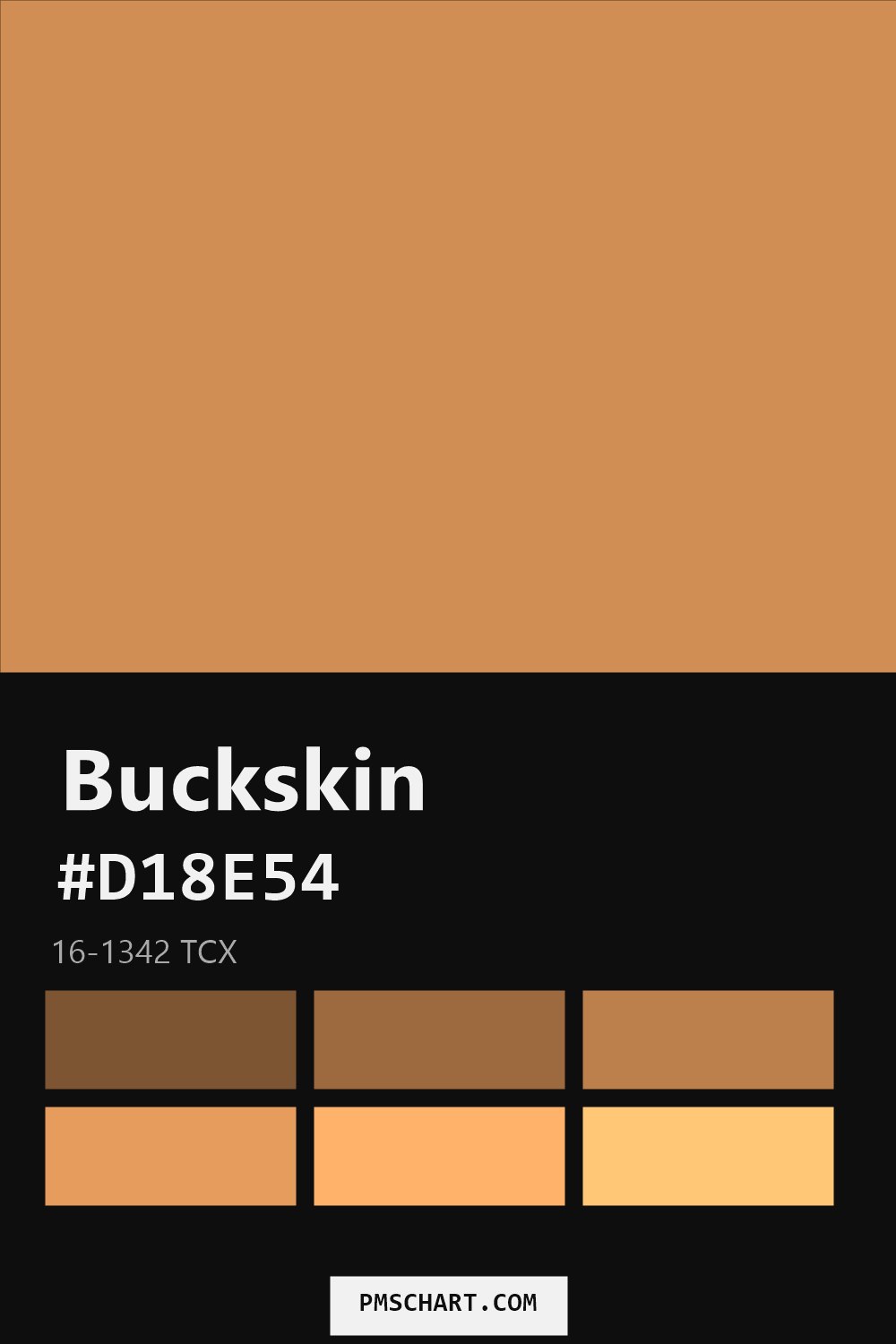Pantone Buckskin 16-1342 TCX color reference card (HEX #D18E54) with six nearest Pantone matches