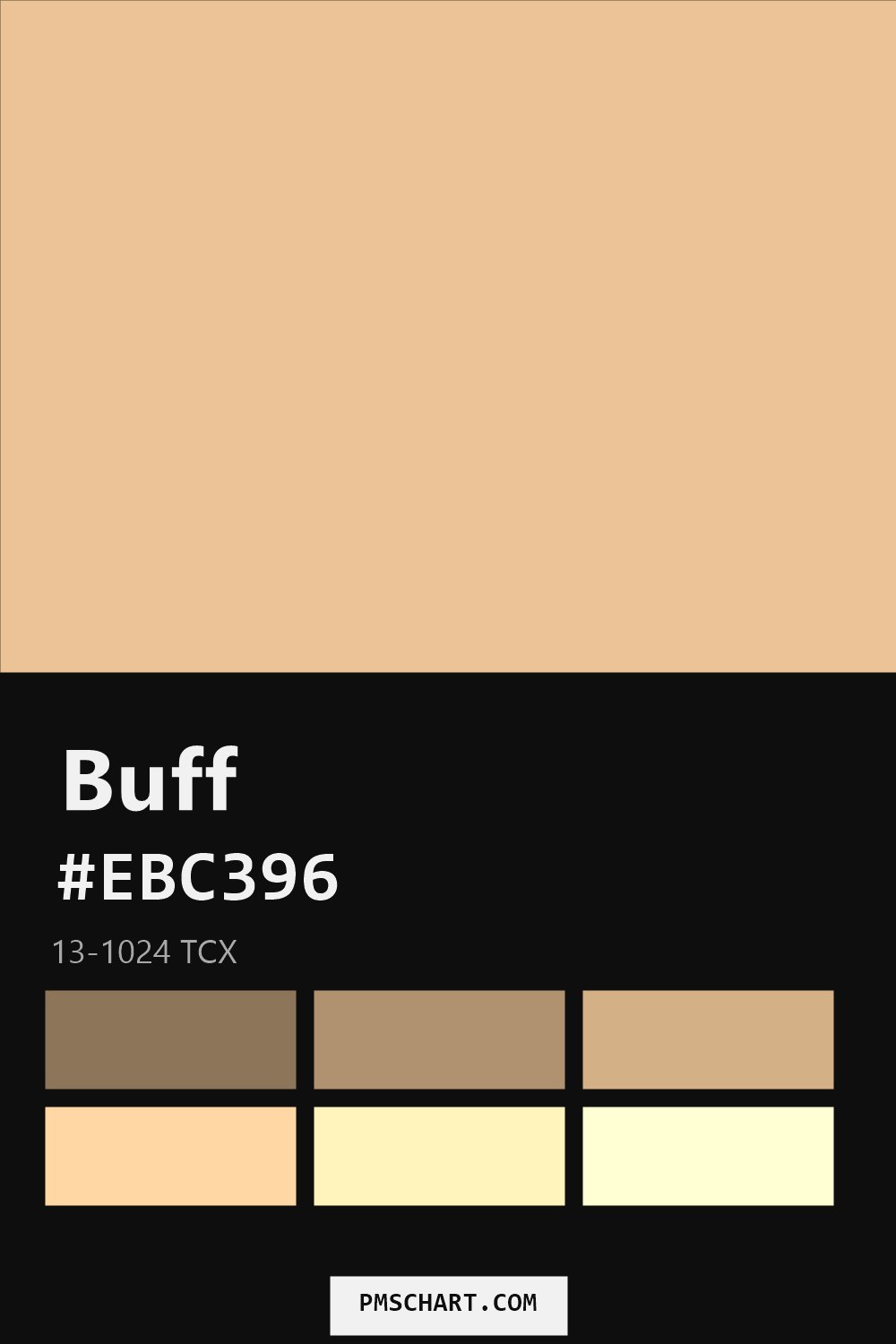 Pantone Buff 13-1024 TCX color reference card (HEX #EBC396) with six nearest Pantone matches