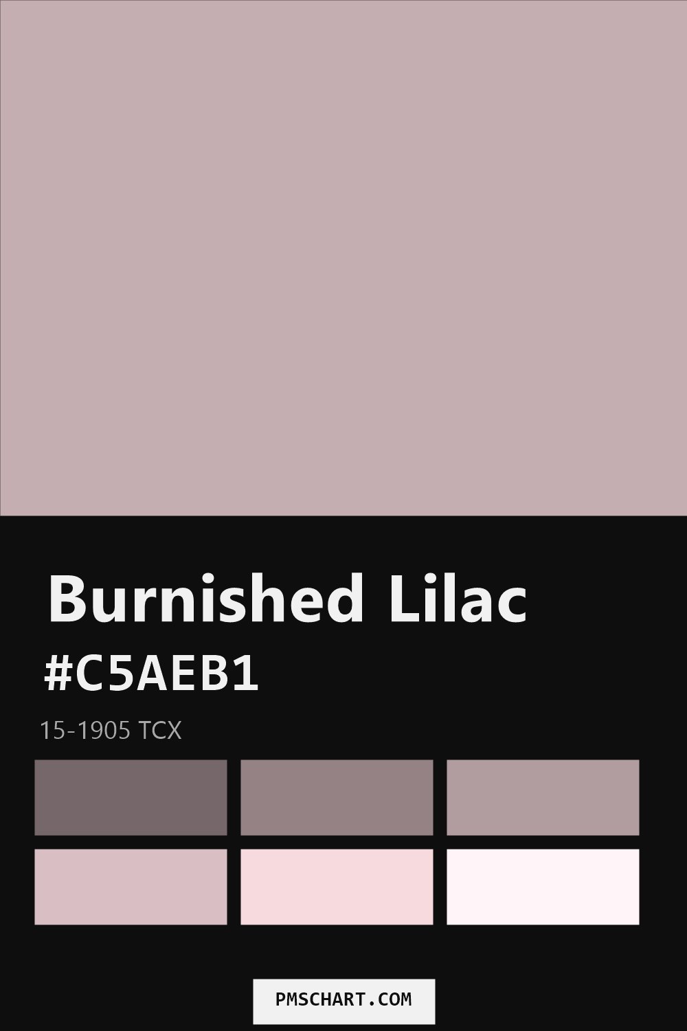 Pantone Burnished Lilac 15-1905 TCX color reference card (HEX #C5AEB1) with six nearest Pantone matches