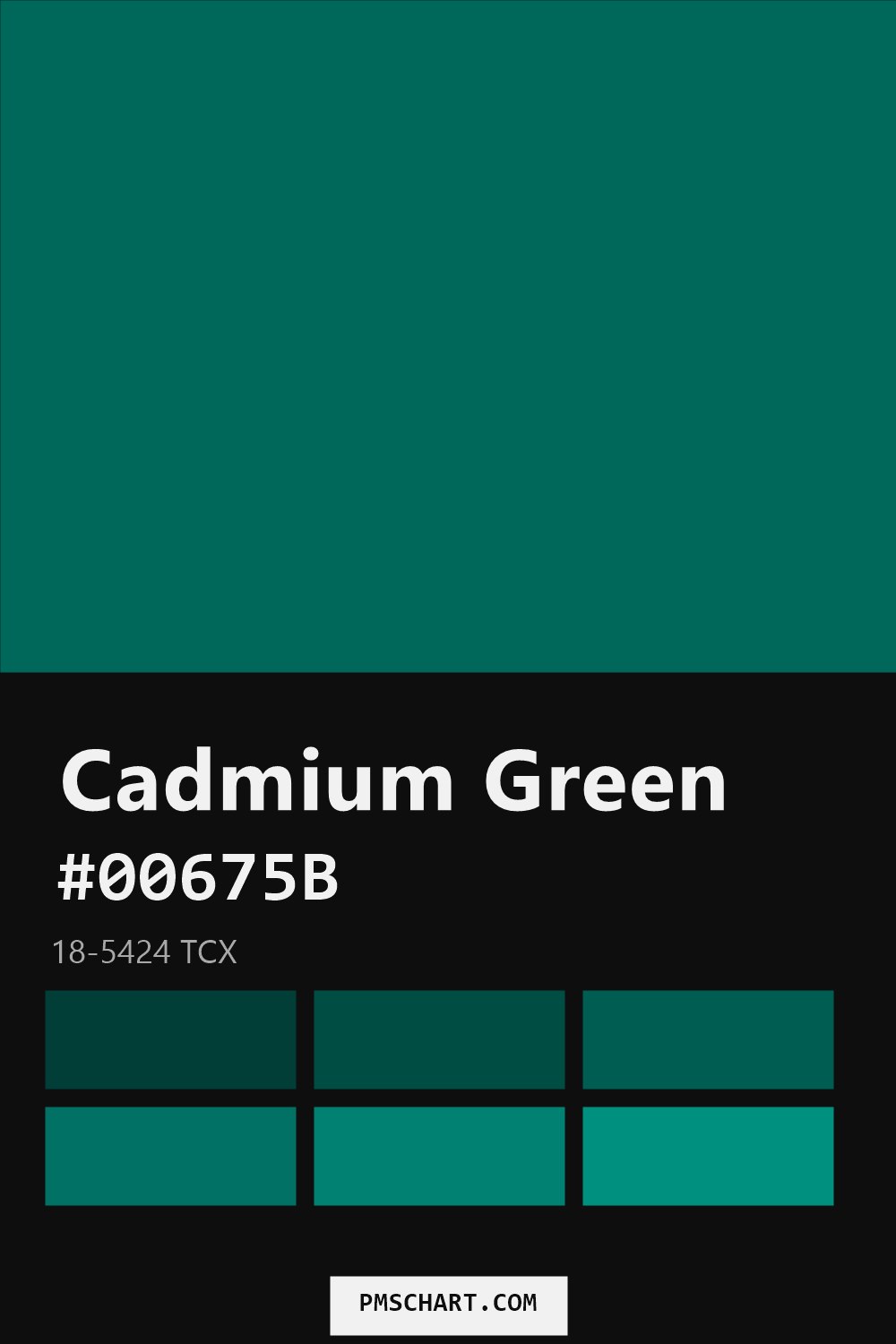 Pantone Cadmium Green 18-5424 TCX color reference card (HEX #00675B) with six nearest Pantone matches