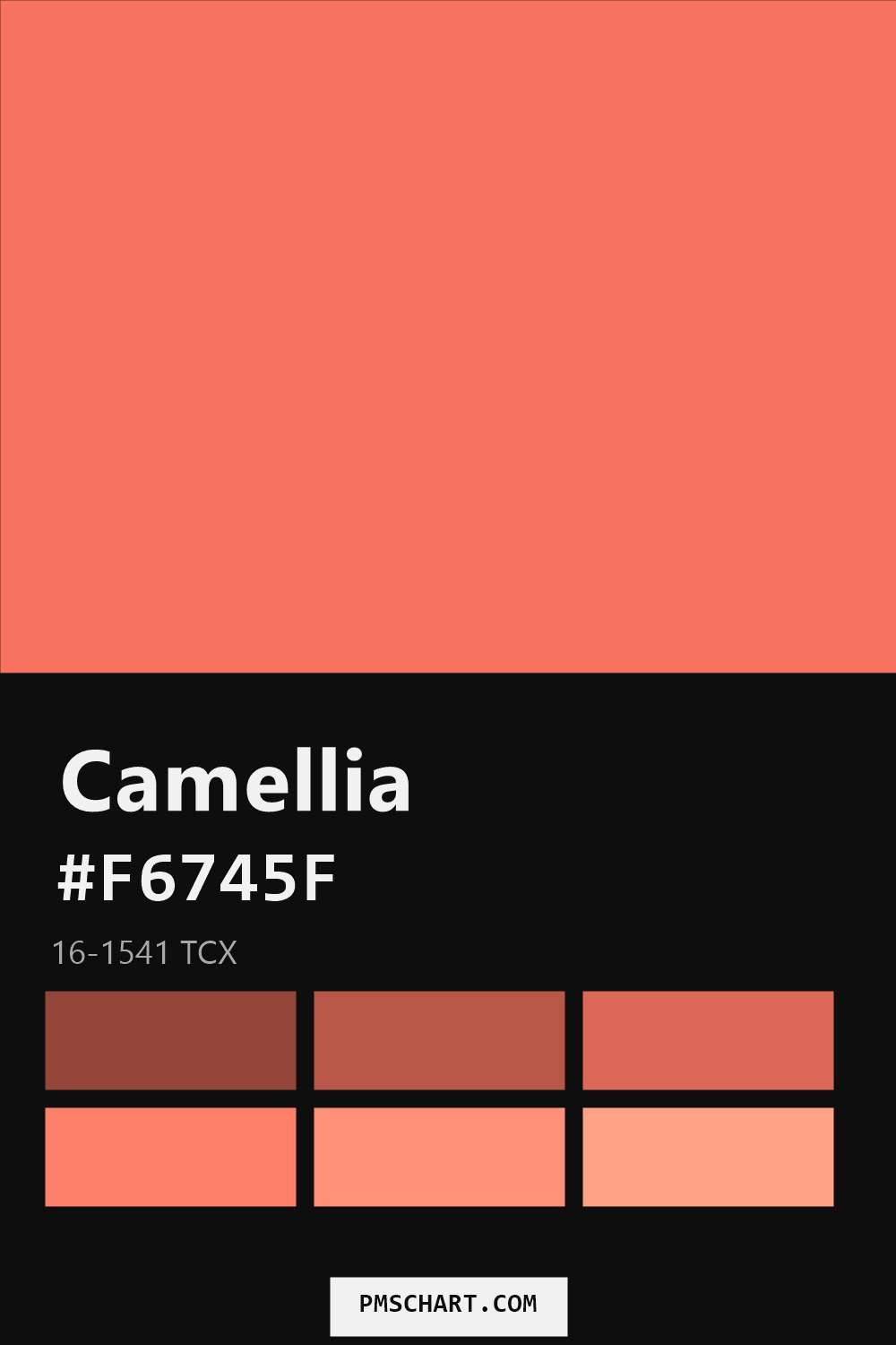 Pantone Camellia 16-1541 TCX color reference card (HEX #F6745F) with six nearest Pantone matches